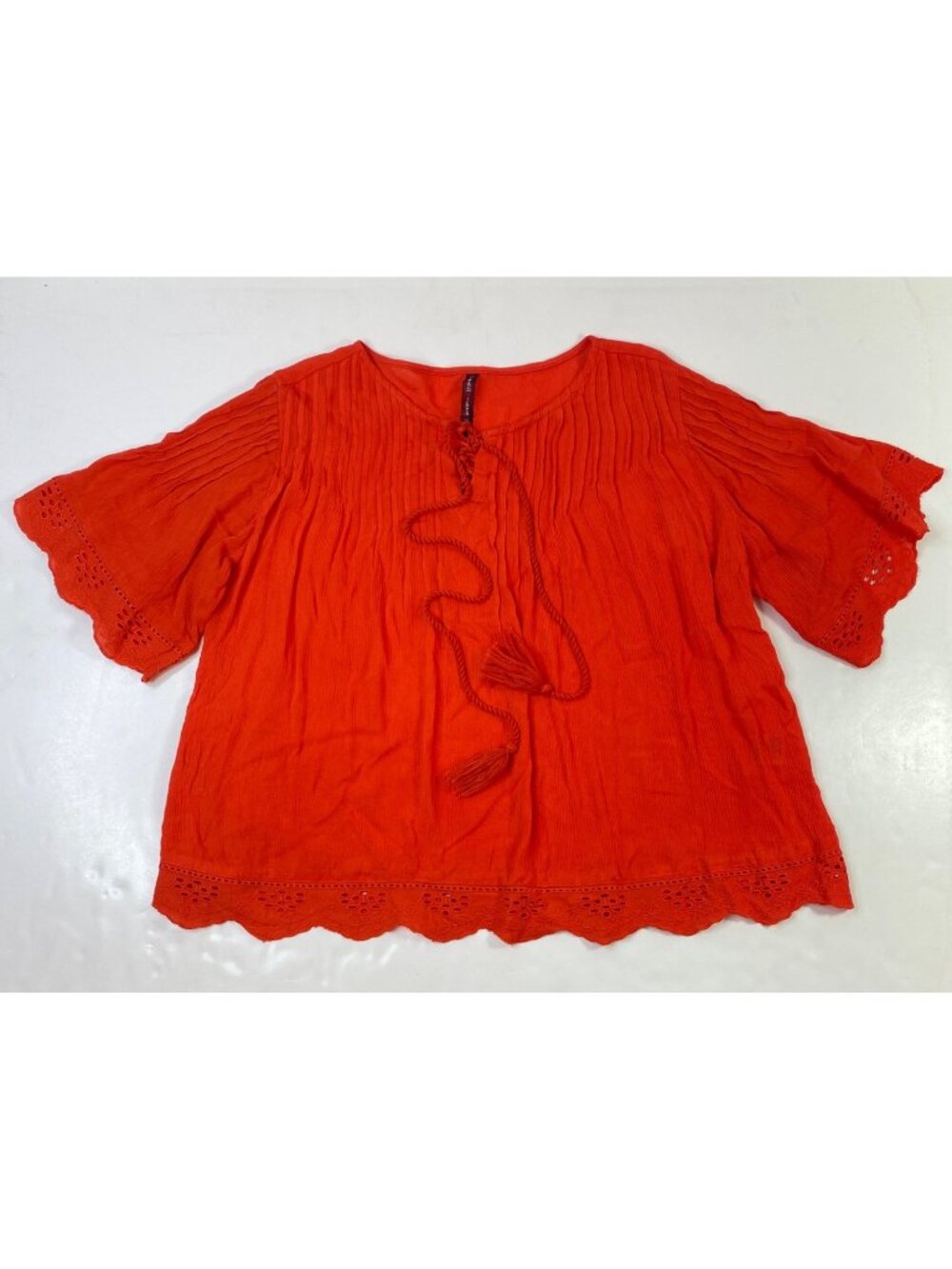 Joan Jara Womens Orange Top Tassel Tie Eyelet Scalloped Edges Size Large